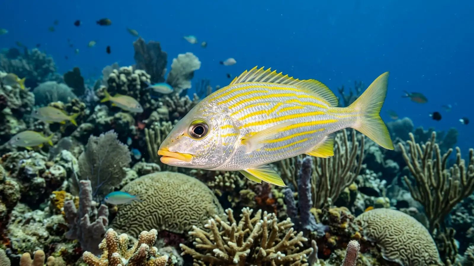 French Grunt (Haemulon flavolineatum) underwater in Bahamas — reef fish you can dive with on a liveaboard trip