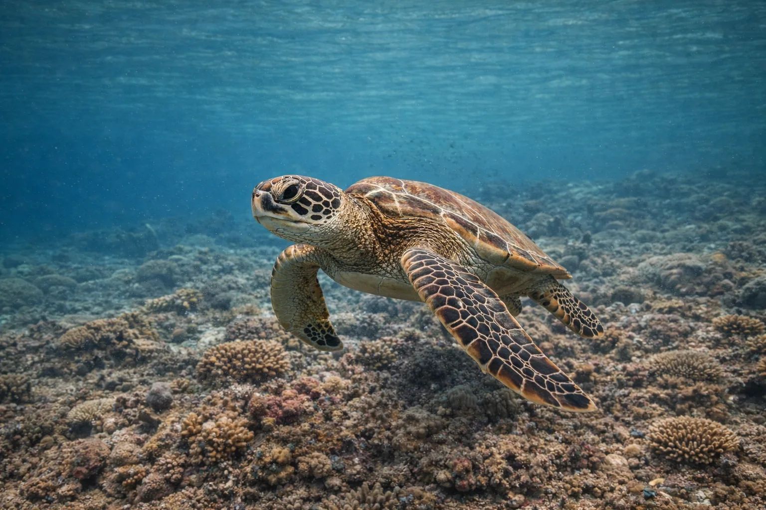 Green sea turtle at the dive site Supermarket