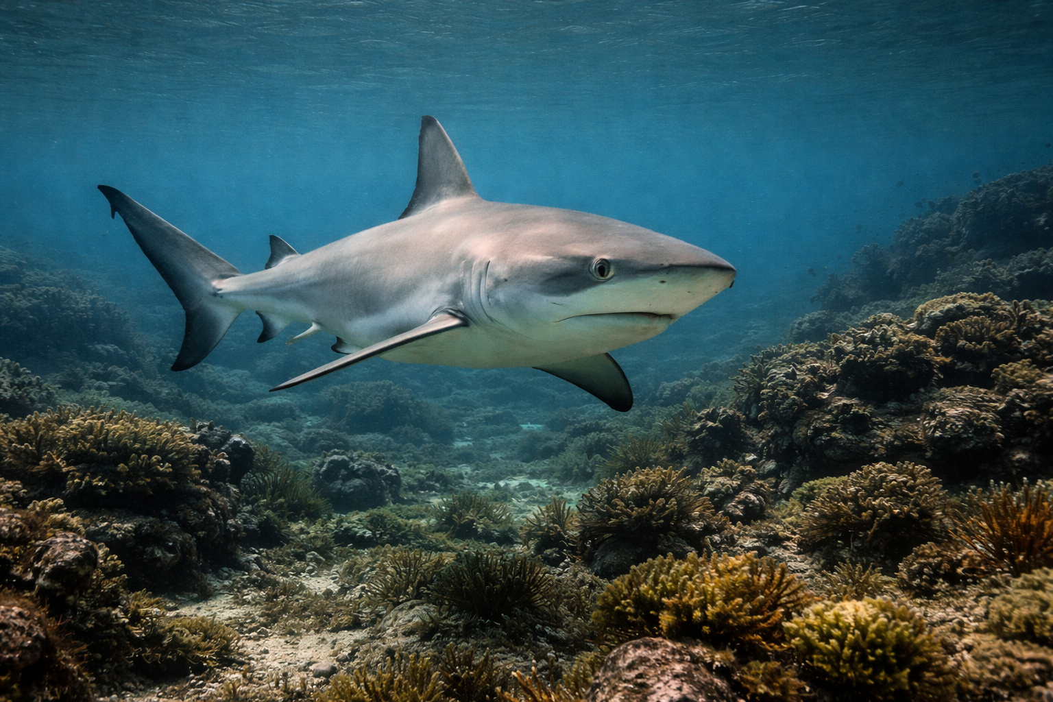 Caribbean Reef Shark (Carcharhinus perezi) underwater in Cuba — shark you can dive with on a liveaboard trip